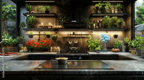  a kitchen filled with lots of potted plants next to a stove top oven and a counter top with pots and pans on it. photo
