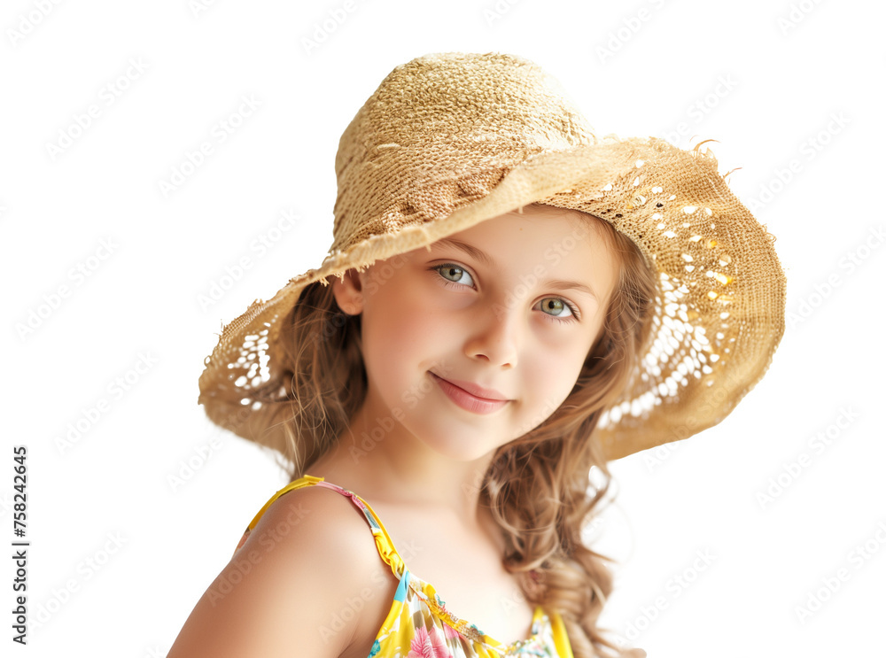 Portrait of cheerful teenager girl in straw hat on transparent background Portrait of cheerful teenager girl in straw hat on transparent background