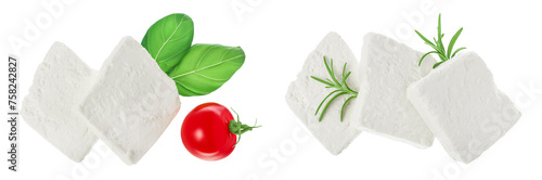 Feta cheese isolated on white background. With full depth of field. Top view. Flat lay