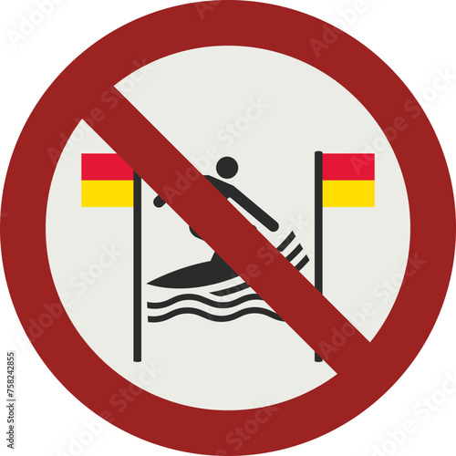 PROHIBITION SIGN PICTOGRAM, NO SURFING BETWEEN THE RED-AND-YELLOW FLAGS ISO 7010 – P064, SVG