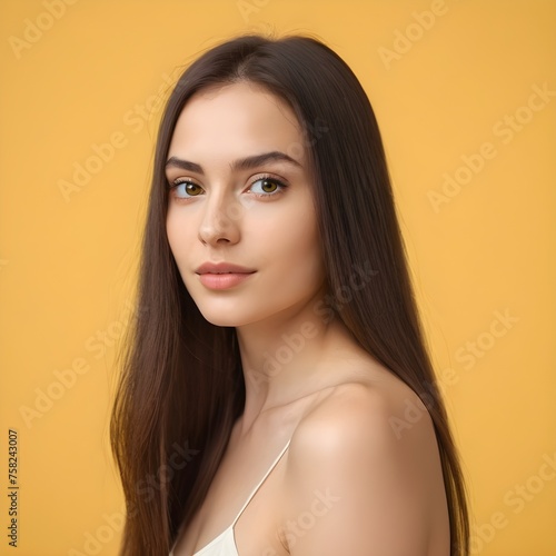 Portrait of a beautiful young Romanian woman with long hair and clean, fresh skin on a yellow background. The image is horizontal for banner space.