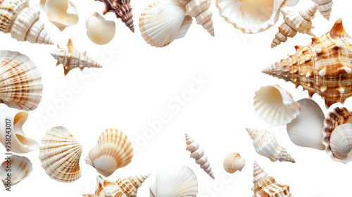 Background with seashells and starfishes making a frame for any text on transparent