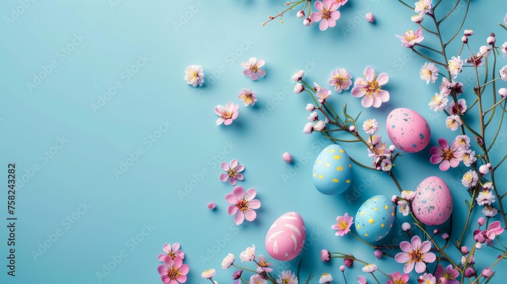 Easter decoration easter eggs on blue background with copy space. Beautiful colorful easter eggs. Happy Easter. Easter decoration easter eggs on blue background with copy space. Beautiful colorful easter eggs. Happy Easter.