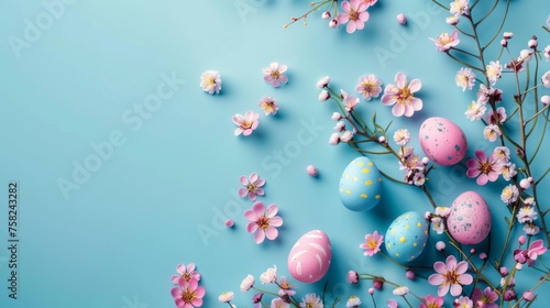 Easter decoration easter eggs on blue background with copy space. Beautiful colorful easter eggs. Happy Easter. 