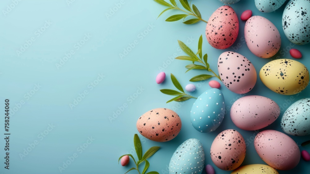 Easter decoration easter eggs on blue background with copy space. Beautiful colorful easter eggs. Happy Easter.	