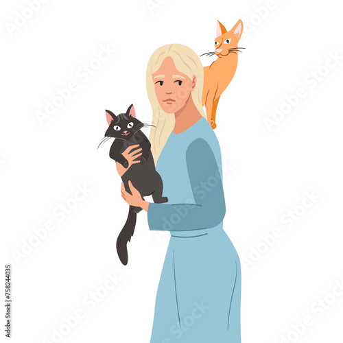 Young woman with cat vector illustration portrait. Playing with pets, spending time with cats concept