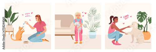 People playing, relaxing and spending time with pets. Characters take care of dogs and cats. Pet sitters and animal lovers Concept. Pets with owners flat illustration vector set.