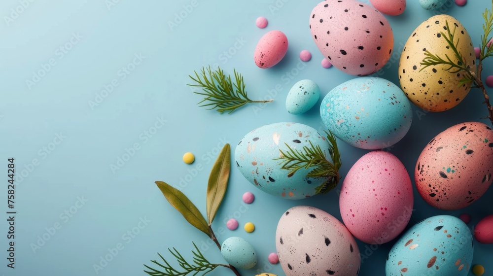 Easter decoration easter eggs on blue background with copy space. Beautiful colorful easter eggs. Happy Easter.	