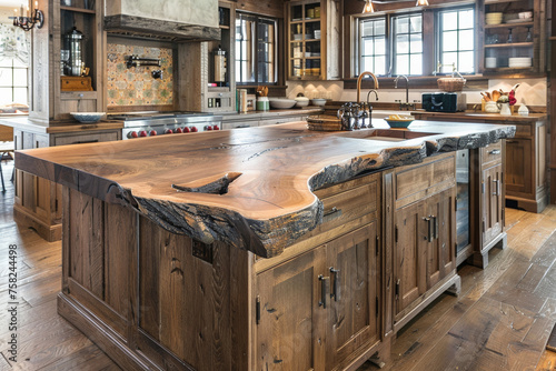 Rustic Luxurious Kitchen Interior with Wooden Cabinets and Island