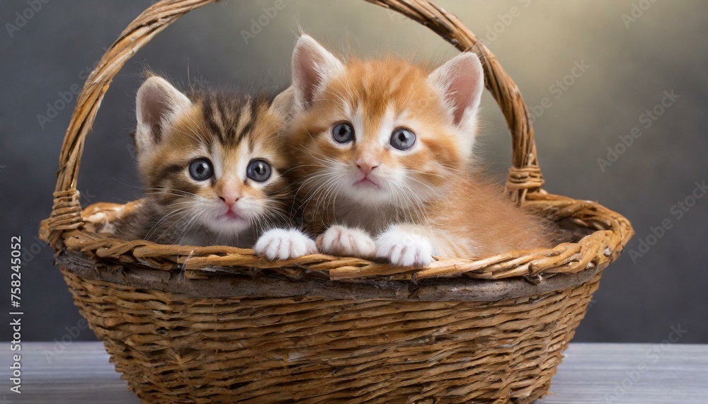 cute kittens in a wicker basket  - obrazy, fototapety, plakaty 