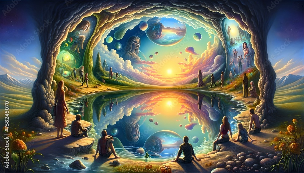 Fototapeta premium Surreal landscape with sunrise, reflection in water, and multiple universes merging