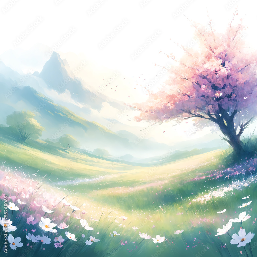 A beautiful scene of a field with a tree and flowers in the foreground. The field is filled with white flowers, creating a lovely and colorful atmosphere.