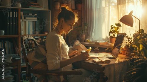Young pregnant woman writing notes in a personal diary at a home desk. Creative workspace concept with copy space