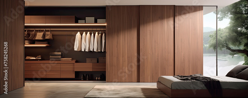 Stylish wardrobe with clothes hanging on rail in wooden detials
