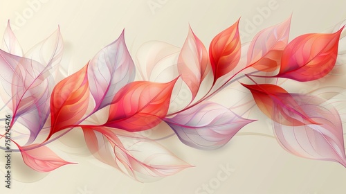  a painting of red and pink leaves on a beige background with a white border around the edges of the image.