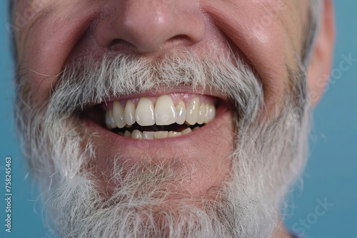 Cropped smile of an elderly man with a gray beard and perfect teeth