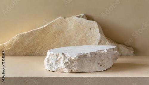  Minimalistic abstract beige background. Empty podium of light stone