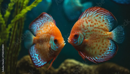 Couple of colorful discus fish gracefully swim in the water of an aquarium