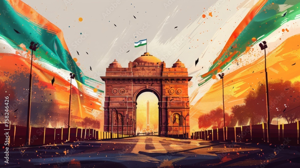 Indian Flag republic day, Digital Art, high angle view India gate in background, 16:9