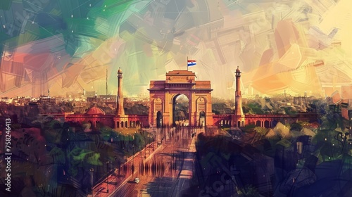 Indian Flag republic day, Digital Art, high angle view India gate in background, 16:9