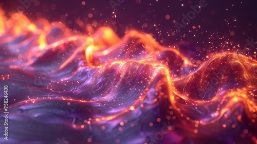  a computer generated image of a wave of orange and purple lights on a black background with a blurry wave in the foreground.