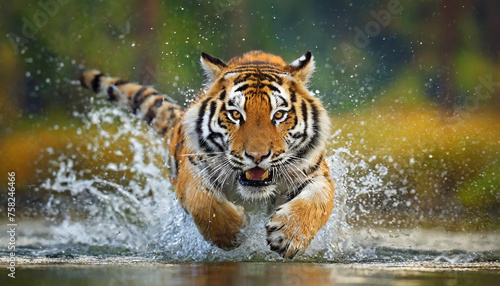 Siberian tiger, Panthera tigris altaica, low angle photo direct face view, running in the water directly at camera with water splashing around. Attacking predator in action. Tiger in taiga environment photo