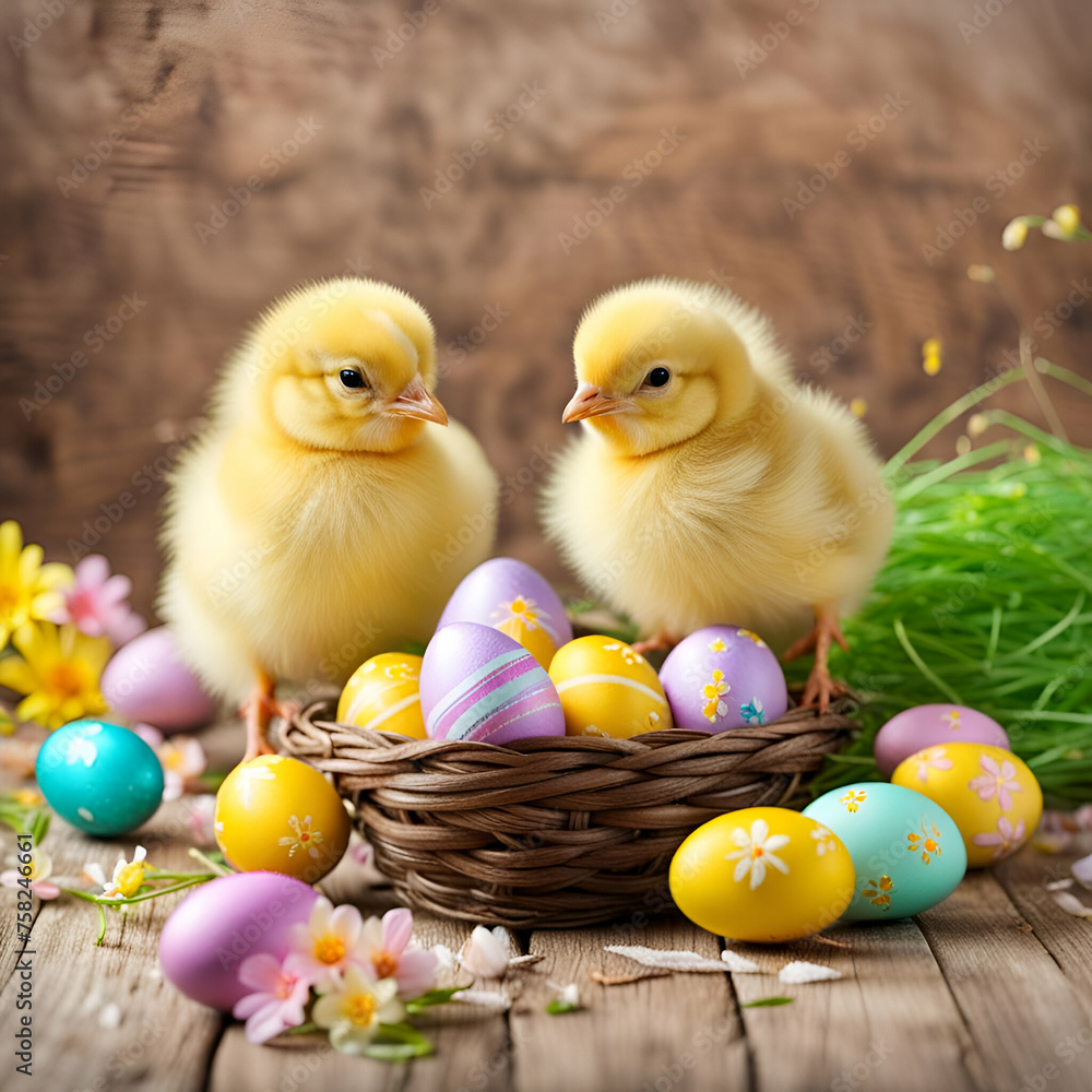 easter eggs and baby chicks