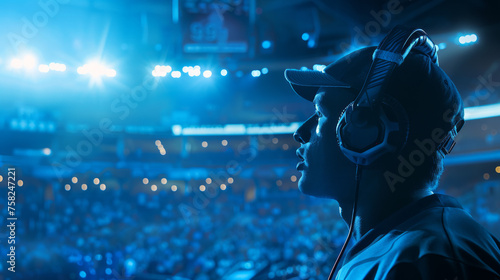 A gamer, fully engrossed and wearing a headset, competes in an esports tournament with intense focus photo