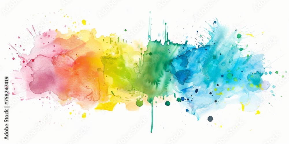 Lively watercolor fusion featuring a rainbow of splashes, embodying vibrant creativity and joyful expression.
