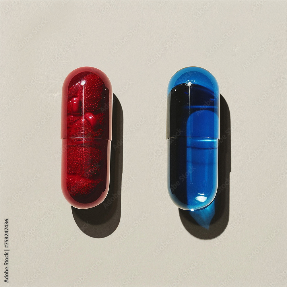 deux gélules bleue et rouge sur un fond blanc - IA Generative deux gélules bleue et rouge sur un fond blanc - IA Generative