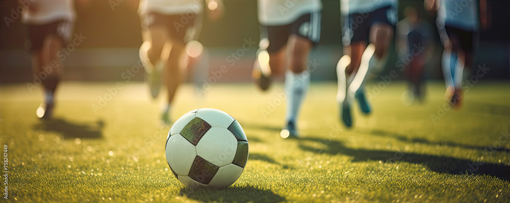 Fototapeta premium Detail on soccer ball and blured players