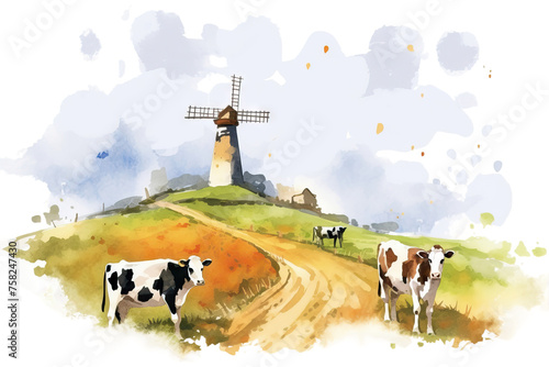 cows Abstract rural illustration landscape windmill fields Watercolor wheat meadows