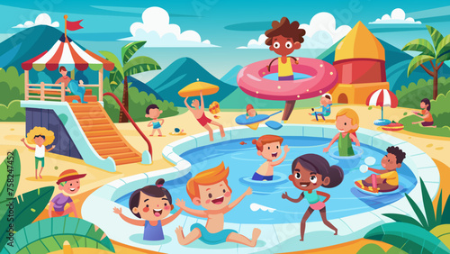 pool-party-kids--children-play-and-swim-in-water- vector illustration 