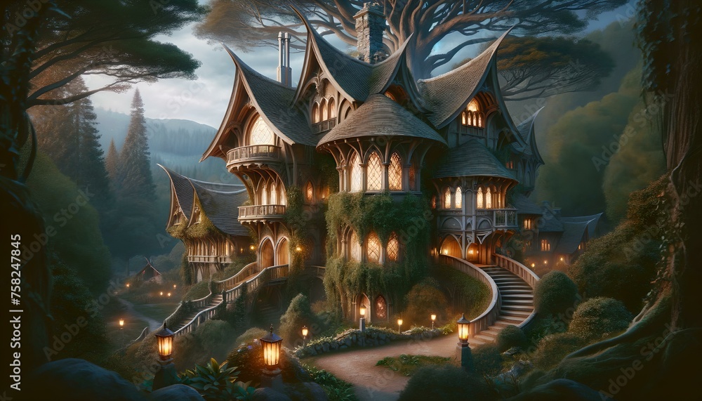 Obraz premium Enchanting fantasy treehouse with glowing windows at twilight in a mystical forest