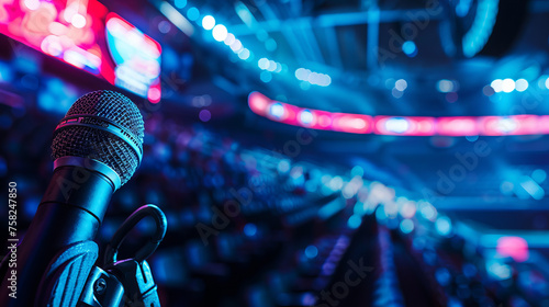 A close-up of a microphone on a stand with the background of a blurry sports arena and vibrant lights