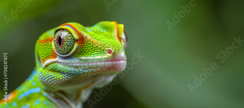 A green and orange lizard with a big eye. The blue and orange colors are very bright and vivid. a gecko with a human torso