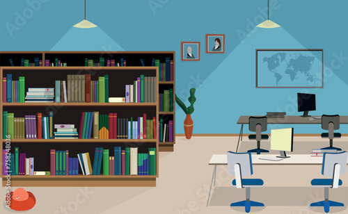 Modern Library - book shelves and computers - space for studies and learning - background scenary. good for motion design
