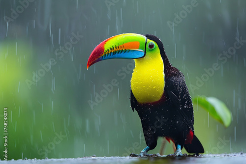 A colorful bird with a long beak is perched on a rock. The bird's bright colors and unique beak make it stand out against the natural surroundings. toucan, one of the most colorful birds in the world