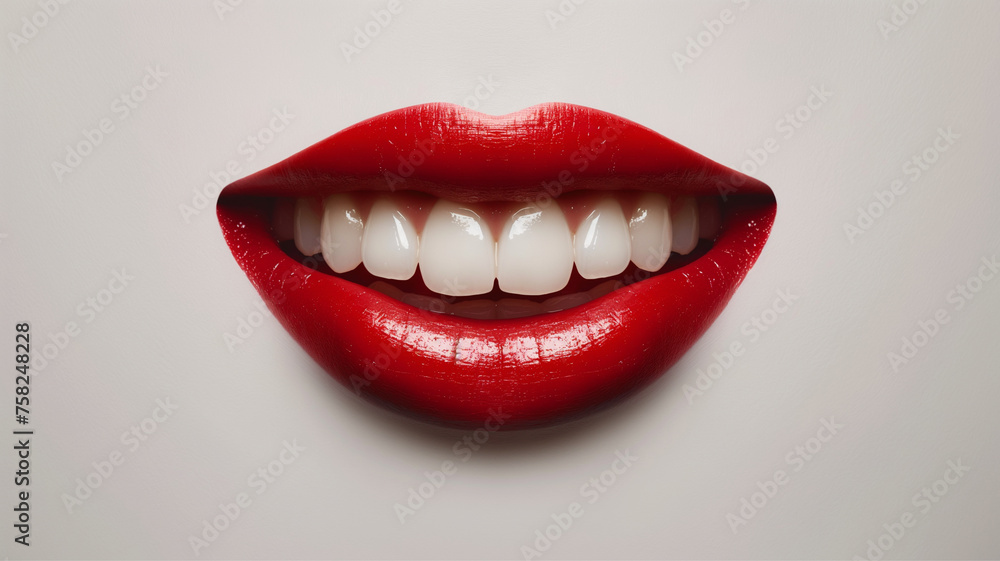 Beautiful wide smile of young women with big healthy white teeth and red lipstick Beautiful wide smile of young women with big healthy white teeth and red lipstick
