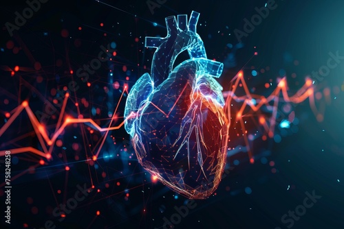 Human Heart with blue digital red line of cardiac pulse,  cardiology, cardiovascular disease concept futuristic medical research or heart cardiology health care with diagnosis vitals infographic  © MADNI