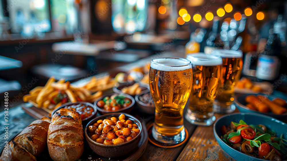 Macro view of appetizers and beverages at a lively bar