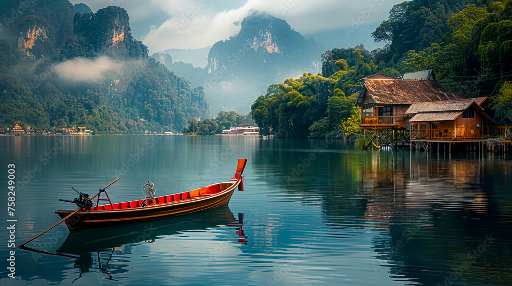 Explore the Stunning Landscapes of Thailand: Serene Lakes, Majestic Rivers, and Picturesque Mountains Await You on a Boat Ride Along the Shoreline
