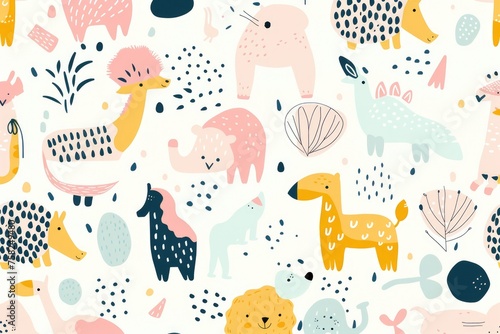 Abstract animal seamless pattern banner, wallpaper for kids, pastel colors hare, dog, fox, deer, bear over white background. Wrapping paper for presents. Baby linen, clothes and products for children