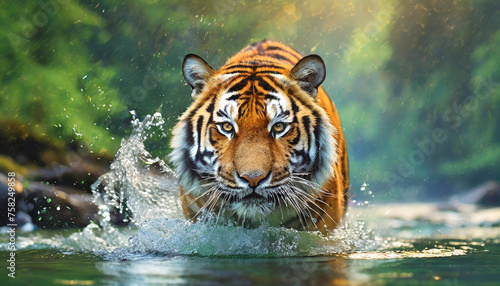 Amur tiger walking in river water. Danger animal  tajga  Russia. Animal in green forest stream. Grey stone  river droplet. Siberian tiger splash water. Tiger wildlife scene  wild cat  nature habitat