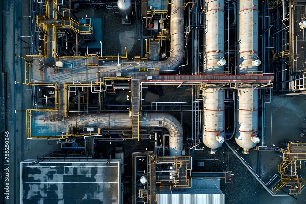 Aerial view of an industrial complex with intricate piping and storage tanks