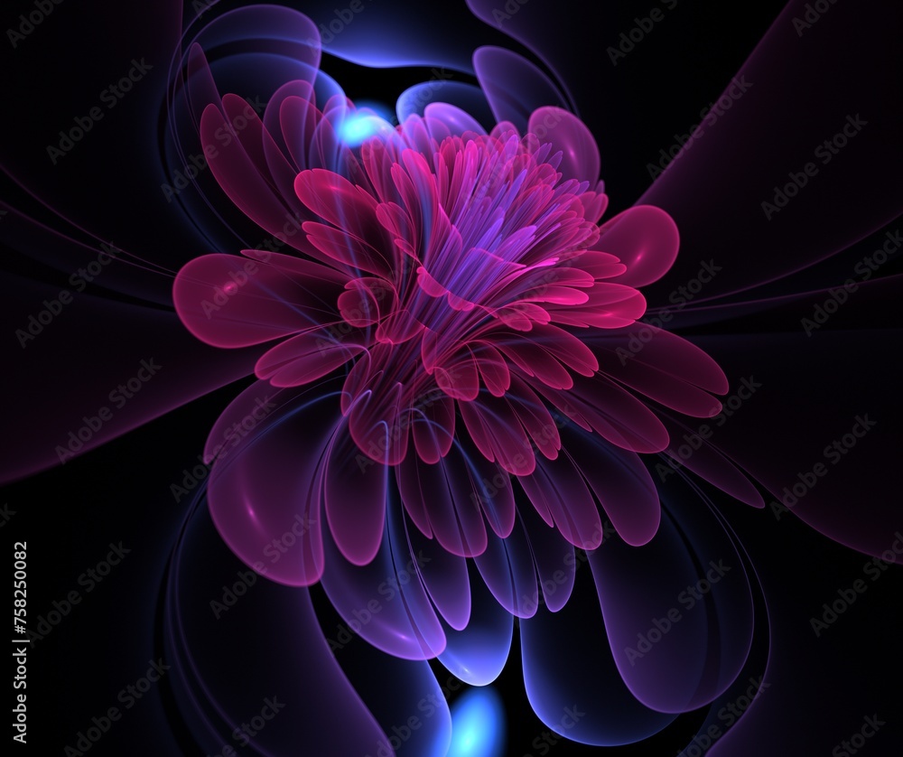 A fantastic image of a rendered fractal flower on a dark background..Original background for your graphic design. Neon glowing flower. A fantastic image of a rendered fractal flower on a dark background..Original background for your graphic design. Neon glowing flower.