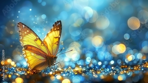  a close up of a yellow butterfly on a blue and gold glitter background with a boke of lights in the background.