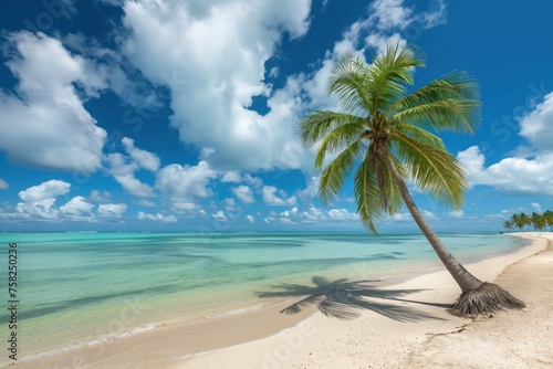 Idyllic tropical beach with a single palm tree on a sunny day, concept of paradise and natural tranquility