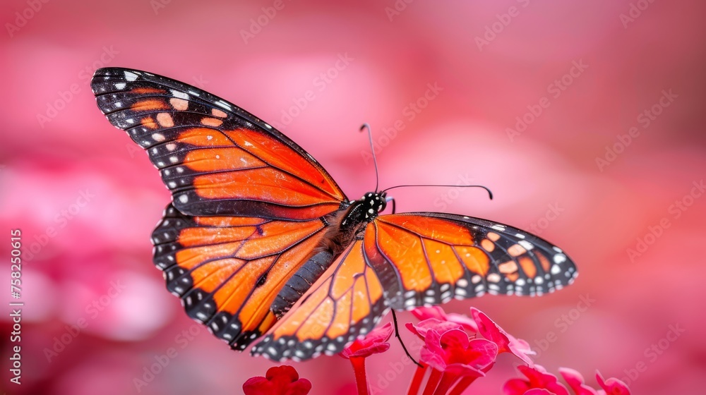 a close up of a butterfly on a flower with red flowers in the foreground and a blurry background. a close up of a butterfly on a flower with red flowers in the foreground and a blurry background.