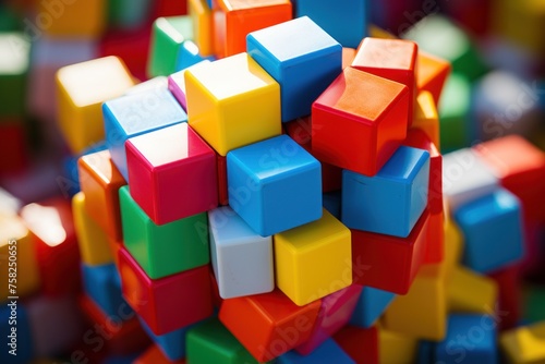 Close-up view of a bunch of brightly colored cubes in a tight arrangement